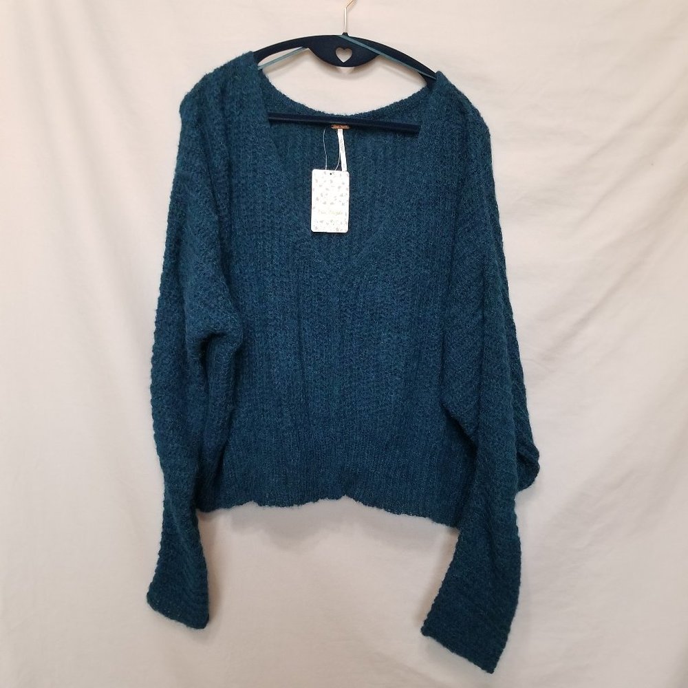 FREE PEOPLE Moonbeam V-Neck Sweater, Dream Lagoon - Picture 4 of 7